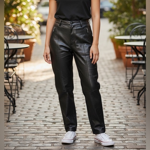 Cedars Pants - Vintage Cedars Black Leather Stirrup Pants Ankle Zip‎ High Waist Size 10